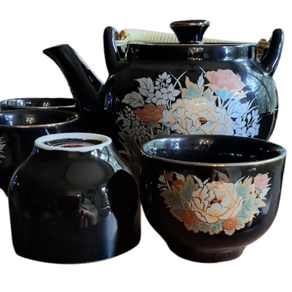 RARE Vintage Japanese Shibata 9pc Tea Set; Black Enamel w/Gold Accents - Picture 3 of 11